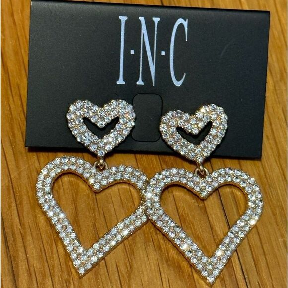 INC bling dangle heart earrings gold studs - Picture 1 of 2